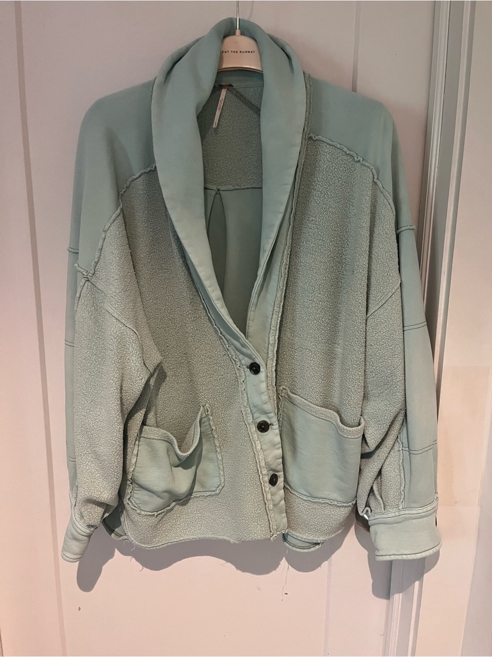 Free People Soft Mint Shawl-Collar Teddy Jacket